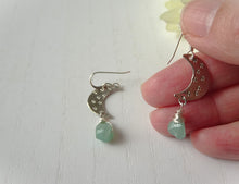 Load image into Gallery viewer, Silver Crescent Moon Earrings with Green Gemstone