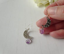 Load image into Gallery viewer, crescent silver earrings with amethyst