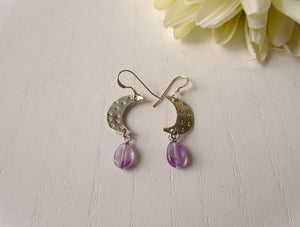 crescent silver earrings with amethyst