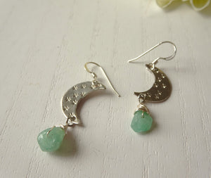 Silver Crescent Moon Earrings with Green Gemstone