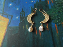 Load image into Gallery viewer, Pearl Crescent Moon Earrings, Gold Moon Earrings