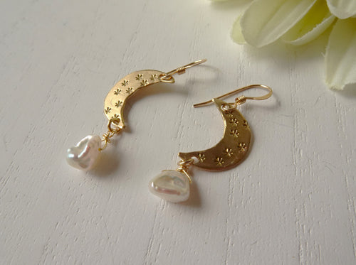 Pearl Crescent Moon Earrings, Gold Moon Earrings