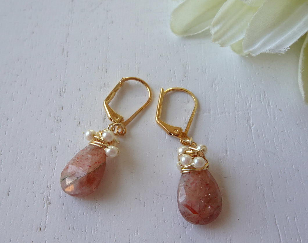 Faceted Sunstone Drop Earrings with Pearls