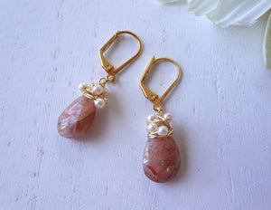 Faceted Sunstone Drop Earrings with Pearls