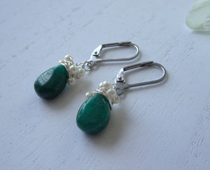 Green Tear Drop Stone Earrings, Wire Wrapped Pearl Earrings