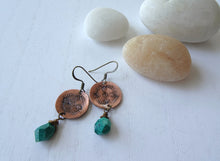 Load image into Gallery viewer, Green Boho-Chic Earrings, Hand Stamped Jewelry