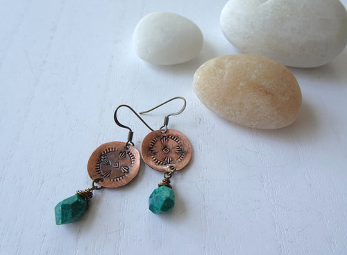 Green Boho-Chic Earrings, Hand Stamped Jewelry