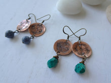 Load image into Gallery viewer, Green Boho-Chic Earrings, Hand Stamped Jewelry