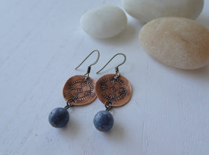 Blue Coral Mandara Earrings, Hand Stamped Jewelry
