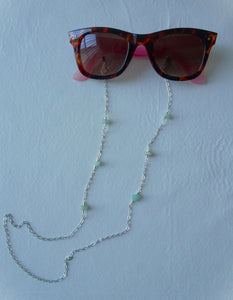 Silver Eyeglasses Chain with Aventurine on sunglasses.