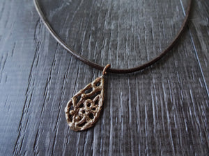 Leather Cord Choker Necklace, Rose Gold Drop Floral Pendant