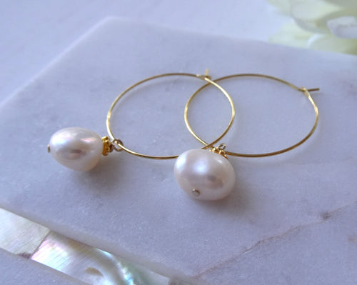 Gold Pearl Hoop Earrings