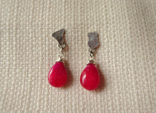 Load image into Gallery viewer, silver metal scrap earrings with red stone