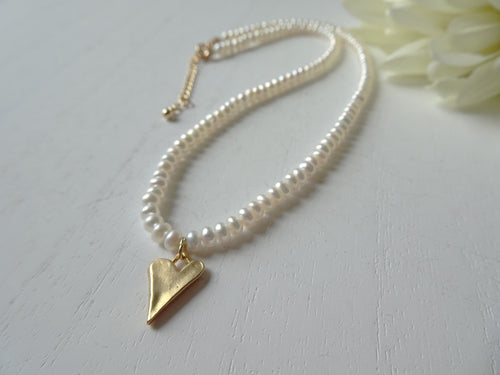 Gold Heart Pearl Strand Necklace