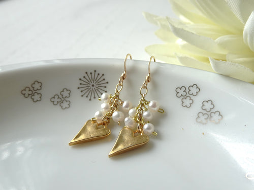 Gold Heart Pearl Cluster Earrings