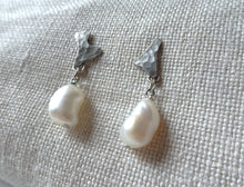 Load image into Gallery viewer, Pearl drop earrings, sustainable scrap metal  jewelry