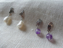 Load image into Gallery viewer, pearl scrap metal earrings and amethyst scrap metal earrings.