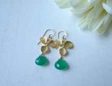 Load image into Gallery viewer, Gold earrings with green drops on a white  background