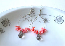 Load image into Gallery viewer, Coral and Smoky Quartz Teardrop Hoops Earrings