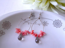 Load image into Gallery viewer, Coral and Smoky Quartz Teardrop Hoops Earrings