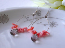 Load image into Gallery viewer, Coral and Smoky Quartz Teardrop Hoops Earrings