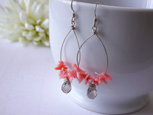 Load image into Gallery viewer, Coral and Smoky Quartz Teardrop Hoops Earrings