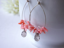 Load image into Gallery viewer, Coral and Smoky Quartz Teardrop Hoops Earrings