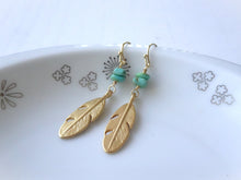 Load image into Gallery viewer, Gold Feather and Turquoise Earrings