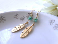 Load image into Gallery viewer, Gold Feather and Turquoise Earrings