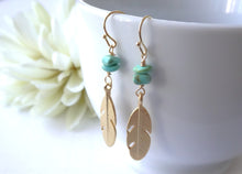 Load image into Gallery viewer, Gold Feather and Turquoise Earrings