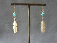 Load image into Gallery viewer, Gold Feather and Turquoise Earrings