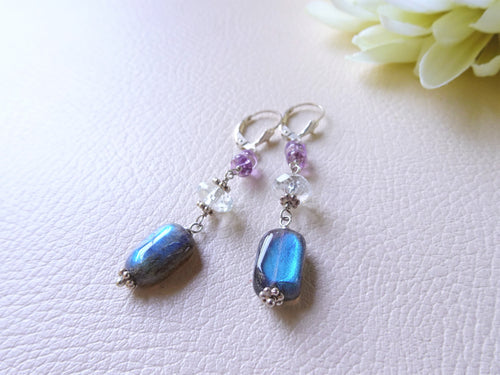 Labradorite and Amethyst Long Earrings, Sterling Silver