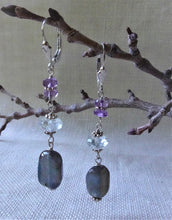 Load image into Gallery viewer, Labradorite and Amethyst Long Earrings, Sterling Silver