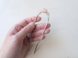 Pink Gem Hair Fork, Silver Hand Forged Hair Pin on hand
