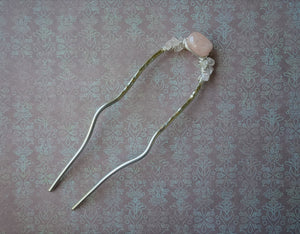 Pink Gem Hair Fork, Silver Hand Forged Hair Pin, Yoko's Jewelry
