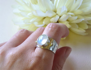 Natural Moonstone Wide Band Ring, Adjustable Wrap Ring
