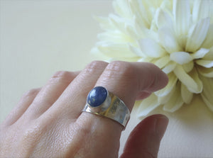 Silver Kyanite Wide Band Ring on Finger