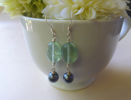 Green Fluorite Earrings With Black Pearl