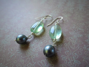 Green Fluorite Earrings With Black Pearl