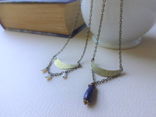 Load image into Gallery viewer, Lapis Lazuli Crescent Moon Necklace, Mixed Metal Rustic Jewelry, Boho-chic Gift.