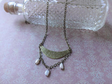 Load image into Gallery viewer, Crescent Moon Antique Bronze Pendant, Boho Chic Pearl Necklace.