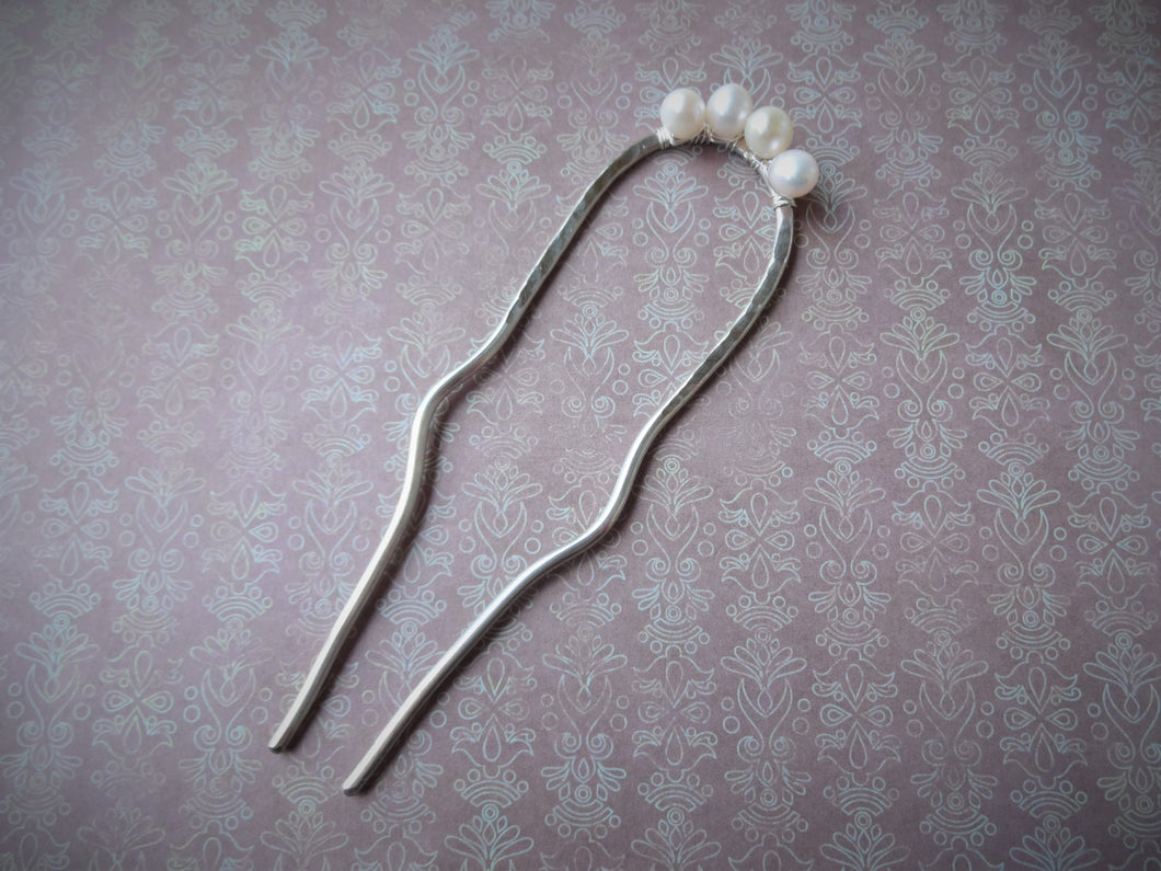 Pearl Hair Stick, Silver Hair Fork, Wedding Hair Pins