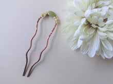 Load image into Gallery viewer, Beaded Metal Hair Fork, Chartreuse Copper Bun Holder.