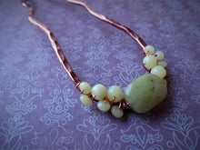 Load image into Gallery viewer, Beaded Metal Hair Fork, Chartreuse Copper Bun Holder.