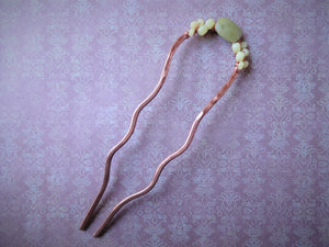 Beaded Metal Hair Fork, Chartreuse Copper Bun Holder.