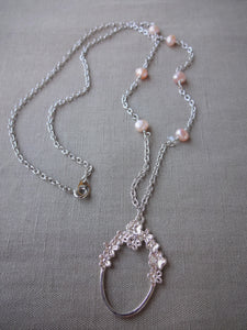Pink Pearl Eye Glasses Holder Necklace,  Silver Oval Loop Long Necklace.