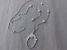 Load image into Gallery viewer, Pink Pearl Eye Glasses Holder Necklace,  Silver Oval Loop Long Necklace.