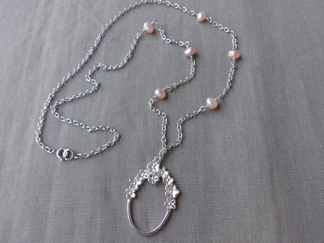 Pink Pearl Eye Glasses Holder Necklace,  Silver Oval Loop Long Necklace.