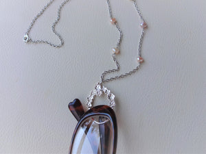 Pink Pearl Eye Glasses Holder Necklace,  Silver Oval Loop Long Necklace.