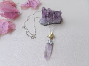 Amethyst and gold flower necklace, Raw Amethyst Pendant